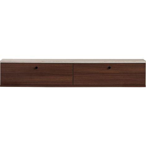 Meuble tv suspendu 2 portes en bois et effet travertin L140cm - Bois foncé - Yara (1/5)