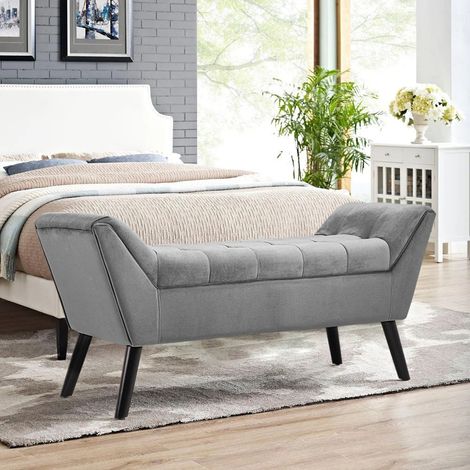 Velvet Buttoned Upholstered Bench, Grey (1/5)