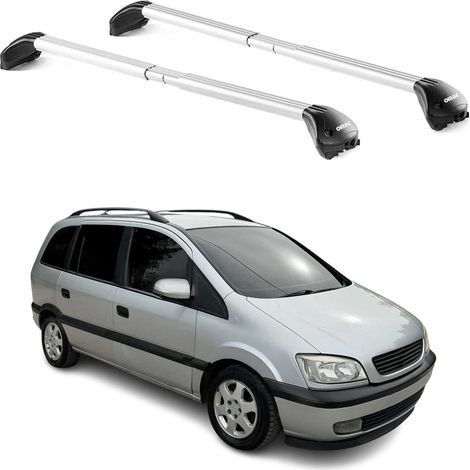 OMAC Barres de toit transversales certifiées TÜV pour Opel Zafira A 1999-2005 – Verrouillables (4 antivols) – Charge max 100 kg – Sangle inox + protection caoutchouc Argent (1/4)