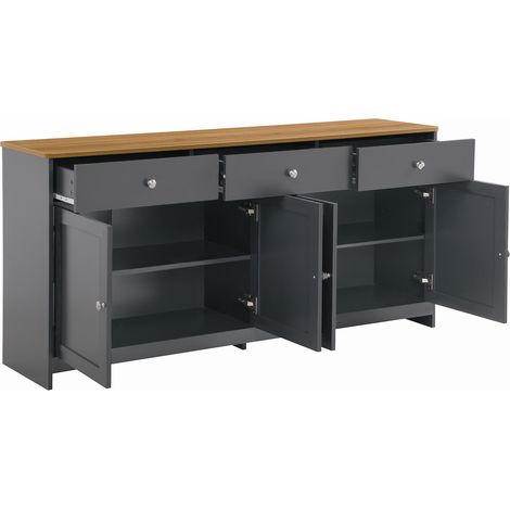 Buffet gris foncé et bois avec 4 portes et 3 tiroirs, 160 cm, style campagne (1/5)