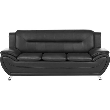 3 Seater Sofa Black Vegan Eco Leather Couch Arms Silver Metal Legs Easy Clean Modern Glam Style Living Room LEIRA (1/5)