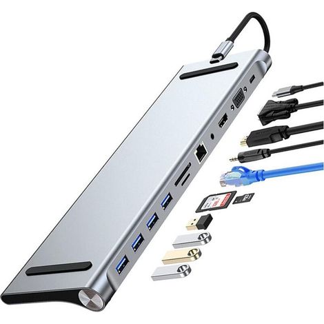 Hub USB C 11 en 1 – 4K 30 Hz HDMI, VGA, RJ45, 4 ports USB 3.0, lecteur SD/TF – Transfert 5 Gbit/s – Pour MacBook, iMac