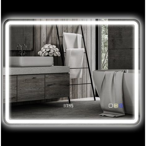 Espejo LED de baño 70 x 90 cm, Bluetooth, reloj, antivaho, plata DESVIAE (1/5)