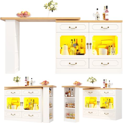 Table de bar extensible 135-203x39x92.8 cm - avec pivotement à 360° et LED - Blanc (1/5)