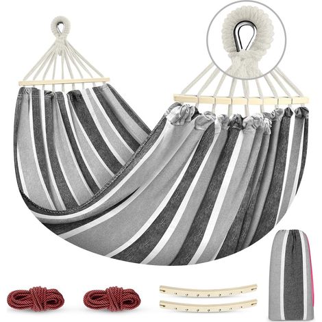 Hamac de camping portable en tissu avec deux poutres d'équilibre anti-roulement, idéal pour le camping et les activités de plein air (gris)