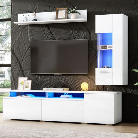 Meuble TV - éclairage LED - ports USB et USB-C - haut-parleur Bluetooth - rangements intégrés - verre et mdf - pratique - blanc (1/5)