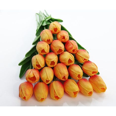 Lot de 20 tulipes artificielles en latex, aspect réaliste, couleur orange, pour bouquets de mariage, décoration de maison et jardin. (1/5)