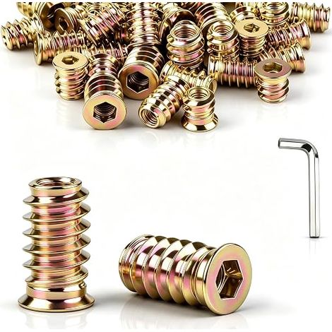 Threaded Wood Insert M6 x 10 mm Screw Nuts Wood Insert M6 Galvanised Screw Sleeves with Hex Socket Wrench for Fibreboard, Plywood and Wooden Furniture (1/5)