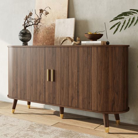 Aparador con puertas correderas y 2 cajones, nogal, en MDF, 140x40x79,5 cm (1/5)