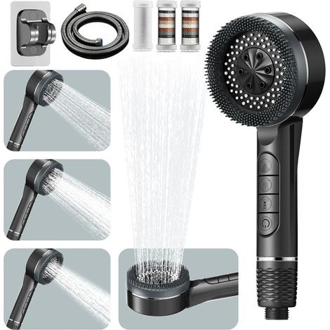 High-pressure shower head, 4 spray patterns, complete with 1.5m shower hose and shower holder, grey (1/5)
