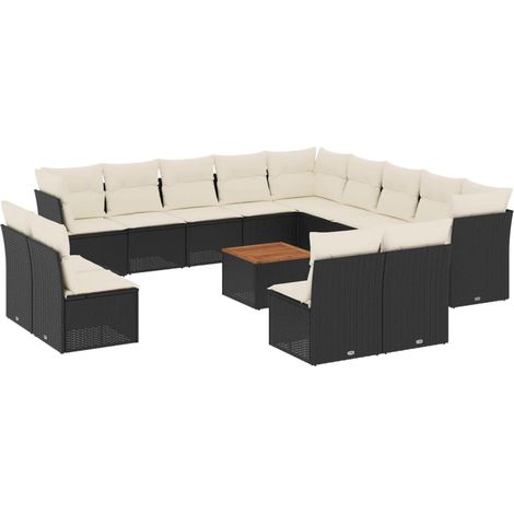 Salon de jardin avec coussins 14 pcs noir résine tressée (1/5)