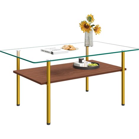 Tavolino da caffè 98x58 cm vetro temperato, MDF marrone e metallo dorato con ripiano - CHICFURN (1/5)