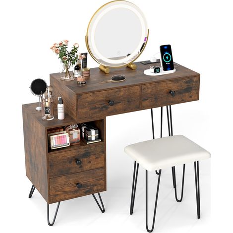 COSTWAY Makeup Vanity Desk Modern Dressing Table Set w/Mirror and Lights-Brown (1/5)