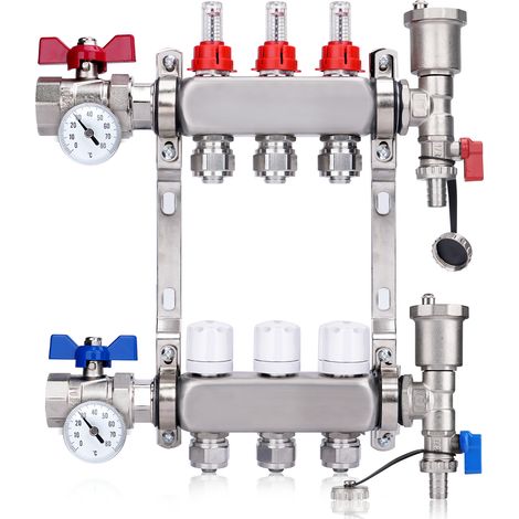 Kit Collecteur Radiateur, 3 Circuits Distributeur Chauffage, avec Thermomètreavec, avec Eurocône 3/4 (20 x 2 mm), Vannes à Boisseau Sphérique 1", avec Purgeur Manuel et Débitmètre, Distributeur HKV