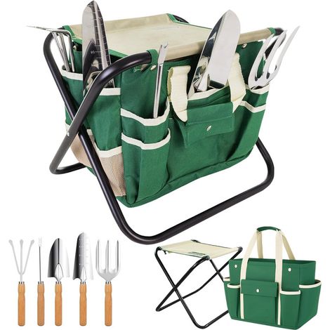 Kit de jardinage 7 pièces – Outils en acier inoxydable avec manches en bois, tabouret pliant et sac en toile, ensemble durable pour femmes et débutants (1/5)