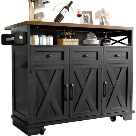 Carrello di servizio MODFU 118×43/80×98 cm, banco da lavoro pieghevole, 3 ante, 3 cassetti, con vano portaoggetti aperto, mobile da cucina, MDF, nero (1/5)