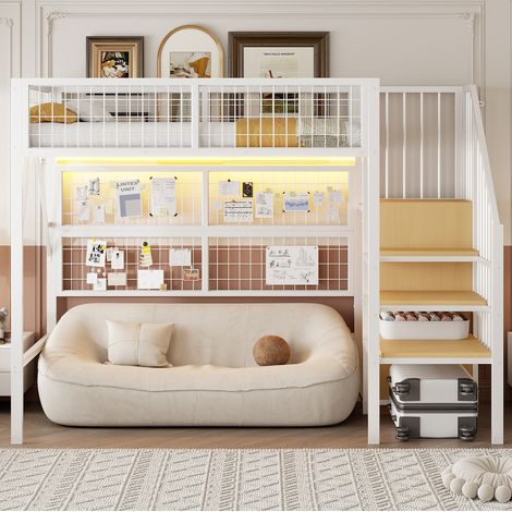 lit chambre adulte rangement 90x200 métal blanc compact OKMYHOME (1/5)