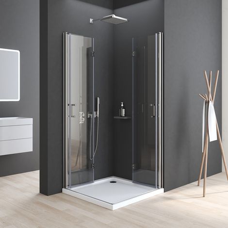 Duschkabine 75x75x195cm Eckeinstieg mit Doppel Falttüren 180º Eckig Drehfalttür Dusche Duschwand Duschabtrennung aus 6mm NANO ESG Glas