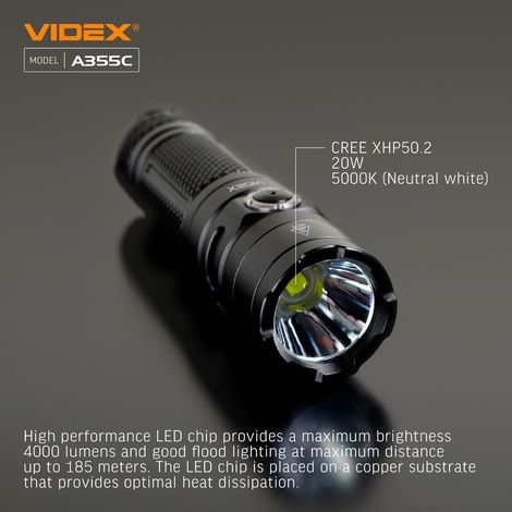 Lampe torche tactique LED 20 W, batterie autonomie 78 h, 4000 lm, portée 185 m, IP68, VLF-A355C Videx (1/5)