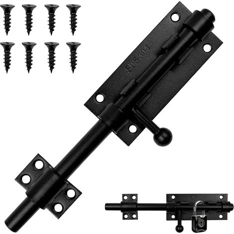 Verrou Porte Coulissante, Verrou Porte Exterieur Robust avec Trou de Cadenas, Verrou de Porte en Acier Noir 200mm pour Portail, Porte de Jardin, Fenêtre, Grange, Garage et Clôture
