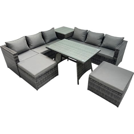 Fimous Outdoor Corner Sofa Dining Table Set Garden Rattan Furniture Set 8 Seater with Side Table 2 Big Stools Dark Grey (1/5)