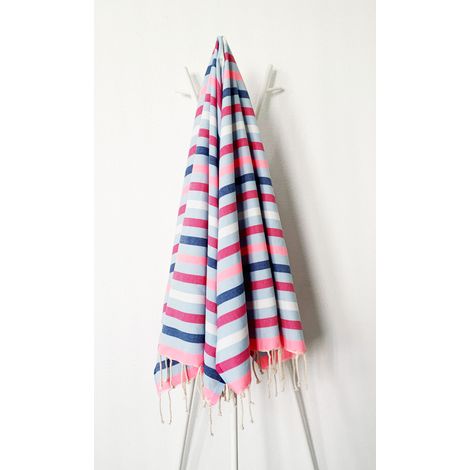 Fouta 100x200 bleu rayures rose, fuchsia, indigo - coton -franges