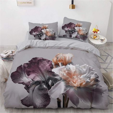 Ensemble de literie 4 pièces 135x200cm Gris Fleurs Florales Microfibre avec fermeture éclair