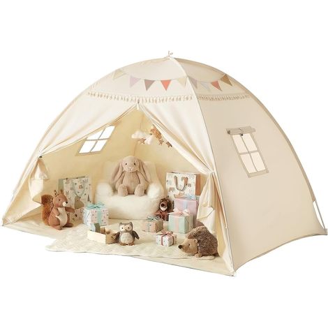Tente de lit pour chambre d'enfant - Tente pour enfants : sol lit enfants caverne tente maison de jeu intérieure - portable et pliable lit double lit superposé rideaux - Beige-198×141×132cm (1/5)