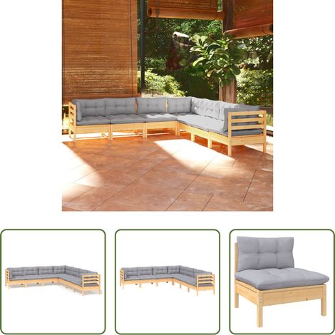 Terrassensofa - 7-tlg. Garten-Lounge-Set mit Grauen Kissen Kiefer Massivholz (1/5)