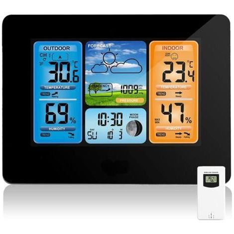 Station Météo sans Fil Station Météo à Prévision Numérique des Couleurs avec Alerte et Température/Humidité/Baromètre/Alarme/Horloge Lunaire/Météo avec Capteur Extérieur (1/4)