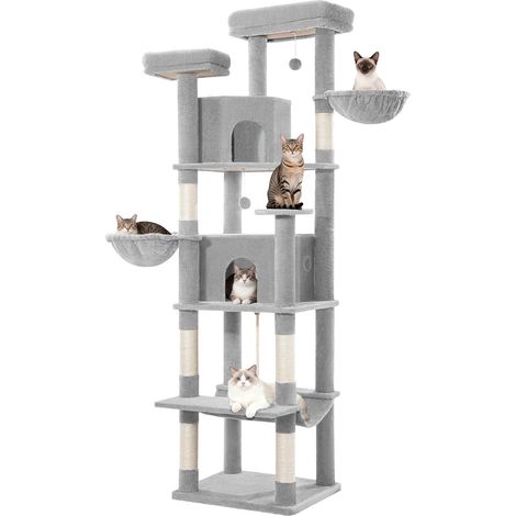 Grand Arbre à Chat, Tour de Jeux pour Chats, Arbre à Grimper avec Griffoirs, 2 Condos Confortables, 2 Perchoirs, 2 Paniers, Hamac, pour Usage Intérieur, Gris Clair (1/5)