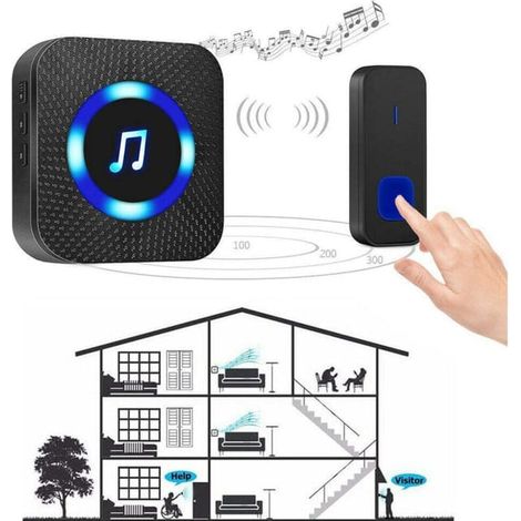 Carillon sans fil étanche IP55, portée 300 m, sonnette électronique avec 55 sonneries, volume réglable 5 niveaux, voyant LED bleu et noir, usage extérieur. (1/4)