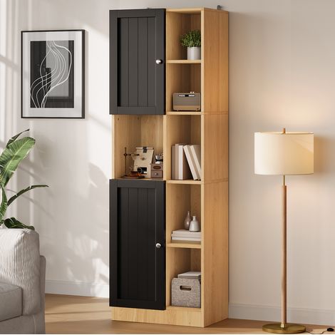Armoire d'angle en MDF et panneau de particules, 6 étagères ouvertes, 2 portes, tablettes réglables, rangement cuisine ou salon, 50 x 35,5 x 170 cm, noir et bois clair - CHICFURN (1/5)
