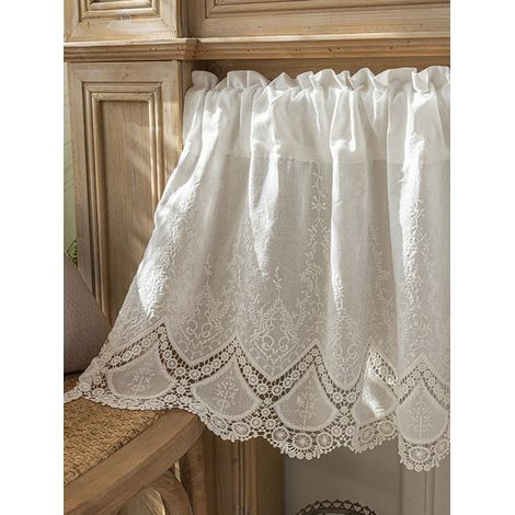 1 pièce, Rideau court blanc avec broderie Stitch et dentelle ajourée, pour petite fenêtre de cuisine, décoration de fenêtre à la maison (1/4)