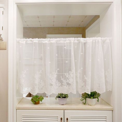 Kurze Café-Gardine mit Blumenmuster, halbtransparente Gardinen mit Stangendurchzug für Küche, Büro, Schlafzimmer, 1 Stück, Weiß, 60 x 150 cm (1/4)