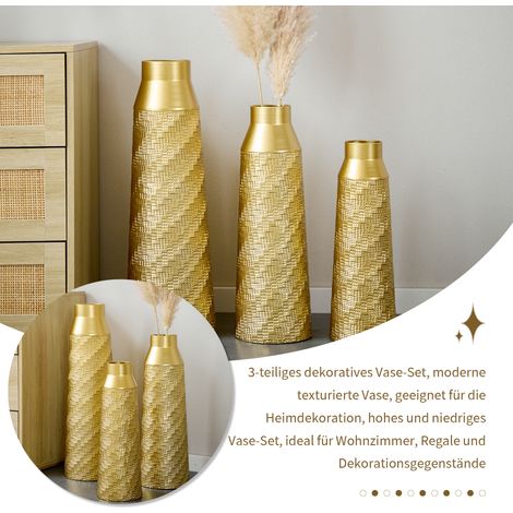 Lot de 3 vases décoratifs en métal doré, finition texturée semi-artisanale, idéaux pour séjour et entrée, compacts et élégants, non imperméables. (1/5)