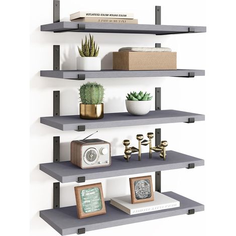Set 5 Mensole da Parete Grigio Scaffali da Muro con Staffe in Metallo 40x12 cm