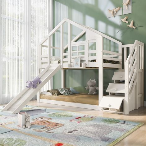 Lit superposé enfant 90x200 avec toboggan,échelle de rangement,lit cabane,cadre de lit enfant,blanc (1/5)