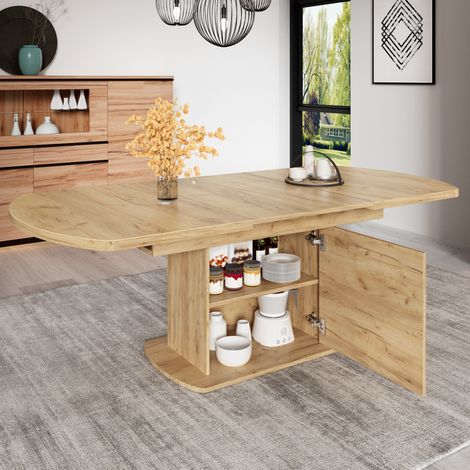 Mesa de comedor extensible 140/200x80x75 cm color roble en tablero de partículas con almacenamiento (1/5)
