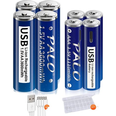 Baterías recargables de iones de litio, carga USB tipo C, larga duración de la batería, 4 pilas AA/4 pilas AAA. (1/2)