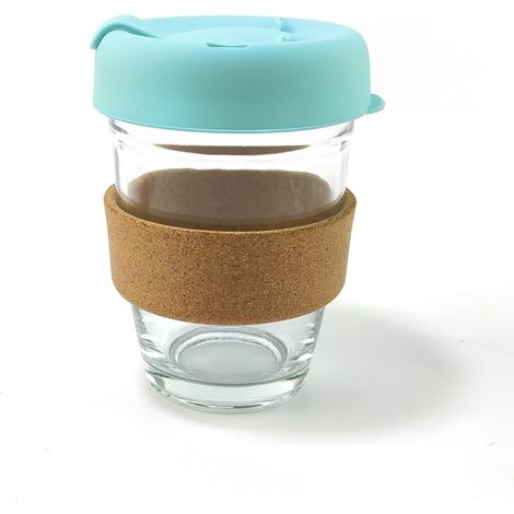 Tasse à café réutilisable en verre de 350 ml avec manchon en liège résistant à la chaleur, bande en liège, mug de voyage avec couvercle, tasse à café de 350 ml (bleu) (1/5)