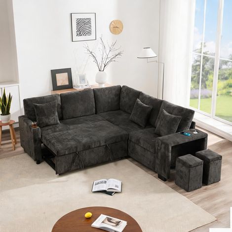 Canapé d'angle convertible gris avec rangement et ports USB (1/5)