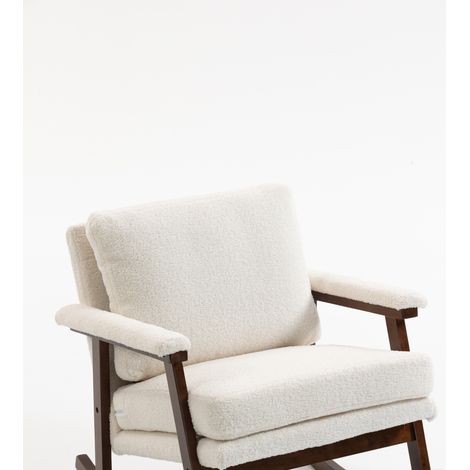 Sillón mecedora acolchado de estilo mid-century con estructura de madera, blanco (1/5)