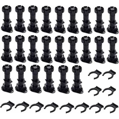 24 Pièces Pieds D'Armoire Plastique,Pied de Meuble,Pied Réglable pour Meuble,Noir Pieds de Meuble Plastique avec Clip Fixation Base pour Meubles de Cuisine,Armoire et Canapé (80mm-100mm) (1/5)