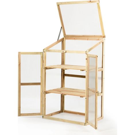 Châssis froid portable en bois naturel avec toit pliable, 2 portes et 2 étagères réglables pour jardin, balcon et potager (1/5)