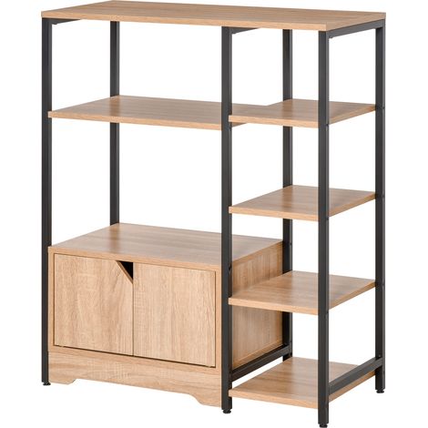 Libreria con ripiani a giorno multipli e doppia anta con struttura in metallo per ufficio e soggiorno, 80x35x97 cm, in legno naturale.