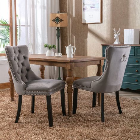 Lot de 2 Chaises de Salle à Manger Collection Nikki Haut de Gamme en Bois Massif Capitonné Velours, Pieds en Bois Garniture Cloutée, Style Moderne Confortable Couleur Grise (1/3)