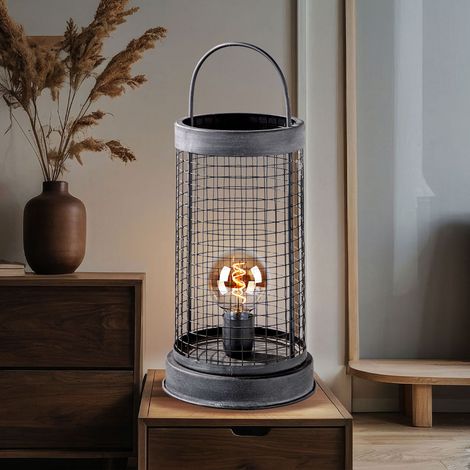 Lampe de table lampe décorative vintage side lamp grid grey Lampe de table industrielle, métal gris foncé, 1x douille E27, LxlxH 21,5x21,5x52 cm (1/5)