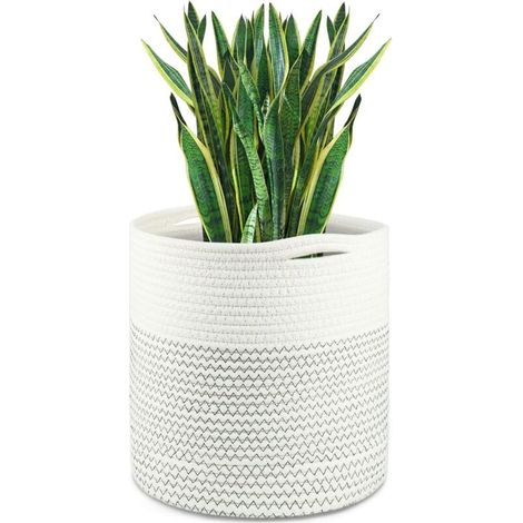 Vaso da fiori con fodera, cesto portaoggetti in cotone intrecciato, vaso per piante da interno, vaso da fiori e decorazione per la casa (nero e bianco) 30 cm (1/5)
