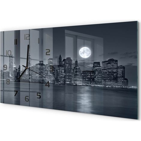 Horloge Murale Panoramique Moderne 60x30 cm Verre Trempé Sans Tic-Tac New York la nuit (1/5)